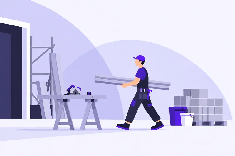 Illustration av en byggarbetare som bär material vid en arbetsbänk och byggställning.