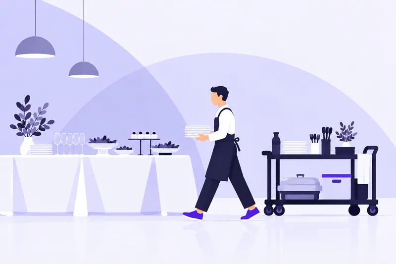 Illustration av cateringpersonal som bär tallrikar vid ett buffébord och en serveringsvagn.