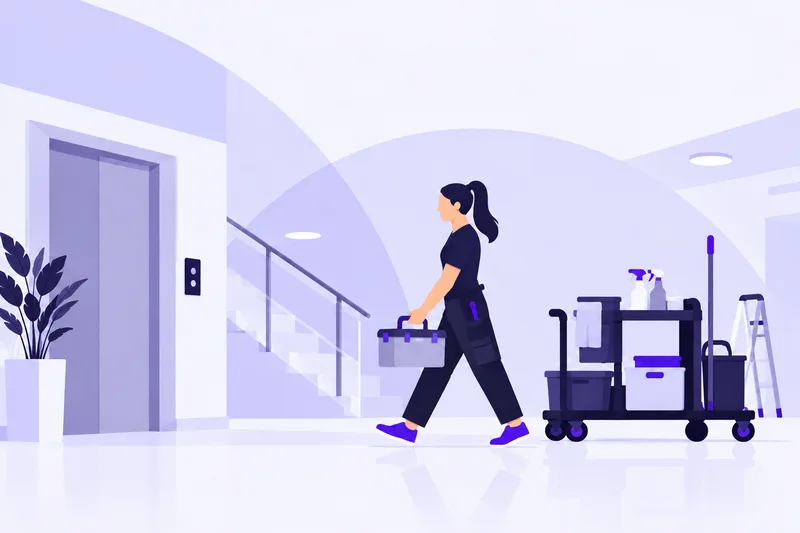 Illustration av en fastighetsskötare som bär en verktygslåda i en entréhall, med servicevagn och stege intill.