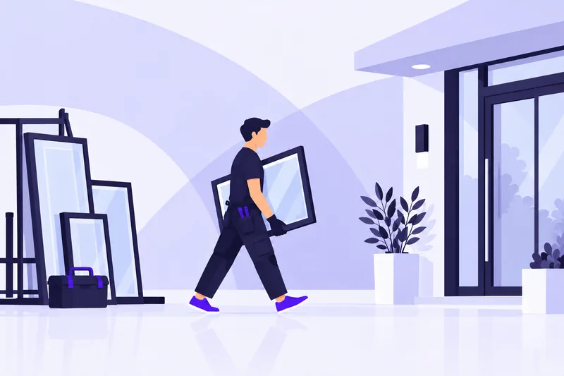 Illustration av en fönstermontör som bär ett fönster mot en entré, med fler fönster och en verktygslåda intill.