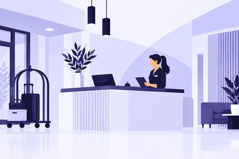 Illustration av en receptionist med surfplatta bakom en hotelldisk, med bagagevagn och sittgrupp i lobbyn.