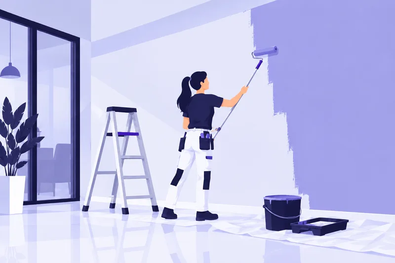 Illustration av en målare som målar en vägg med roller, med stege, färghink och färgtråg intill.