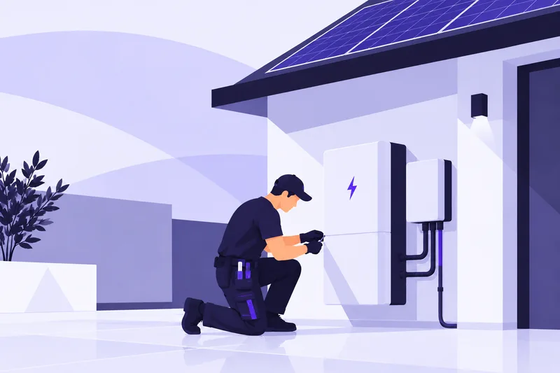 Illustration av en installatör som arbetar med ett väggmonterat batteri vid ett hus med solpaneler på taket.