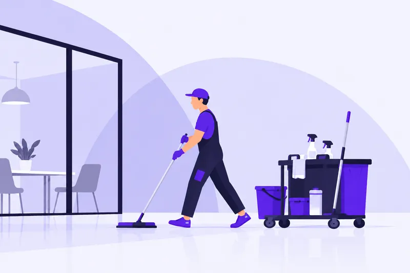 Illustration av en person som städar ett kontor med mopp och städvagn.