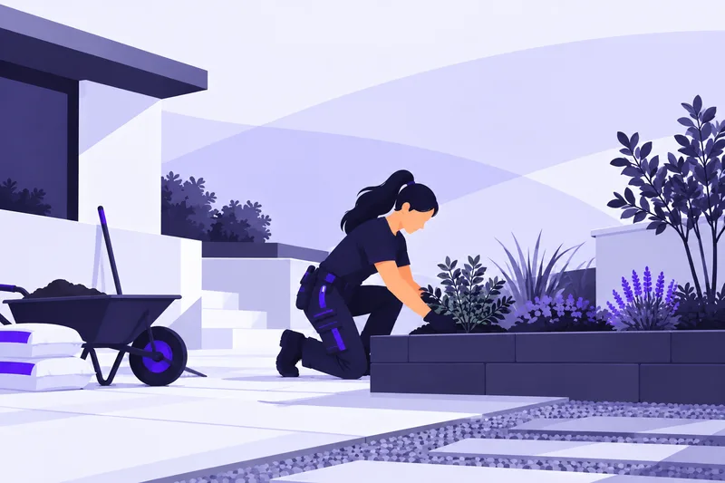Illustration av en trädgårdsarbetare som planterar i en upphöjd rabatt, med skottkärra, spade och jordsäckar intill.