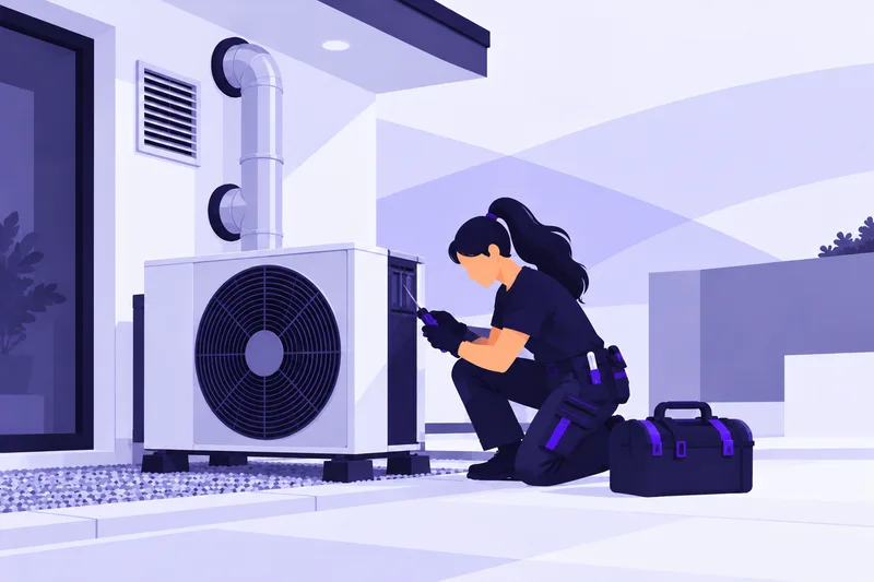 Illustration av en tekniker som arbetar med en värmepumps utedel vid ett hus, med en verktygslåda intill.