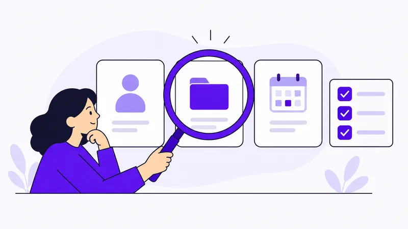Illustration av en person som granskar kundhantering, affärer och planering inför valet av CRM.