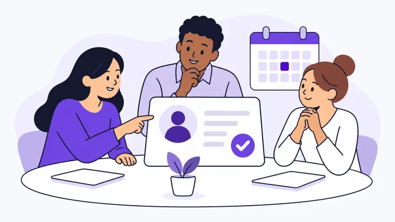 Three colleagues gather around a contact card and a calendar to plan the next customer conversation.