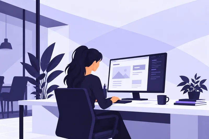Ilustracja pracownicy agencji projektującej stronę internetową na komputerze w biurze.